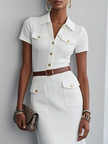 White Buckle Pocket Stitching Shirt Dress Shirt Collar Short Sleeve Mermaid Midi Dress