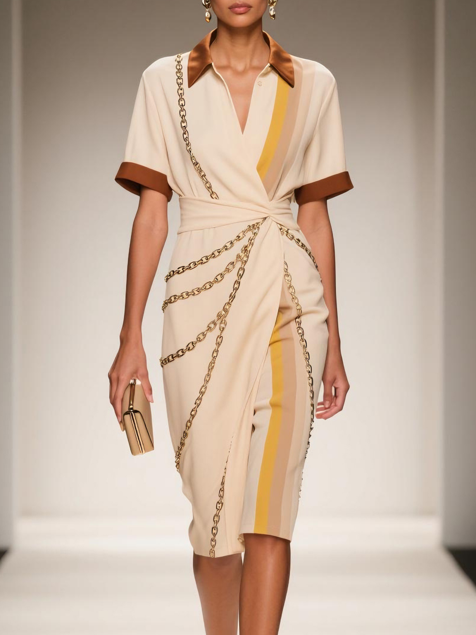 Apricot Shirt Dress Shirt Collar Short Sleeve Sheath Midi Dress