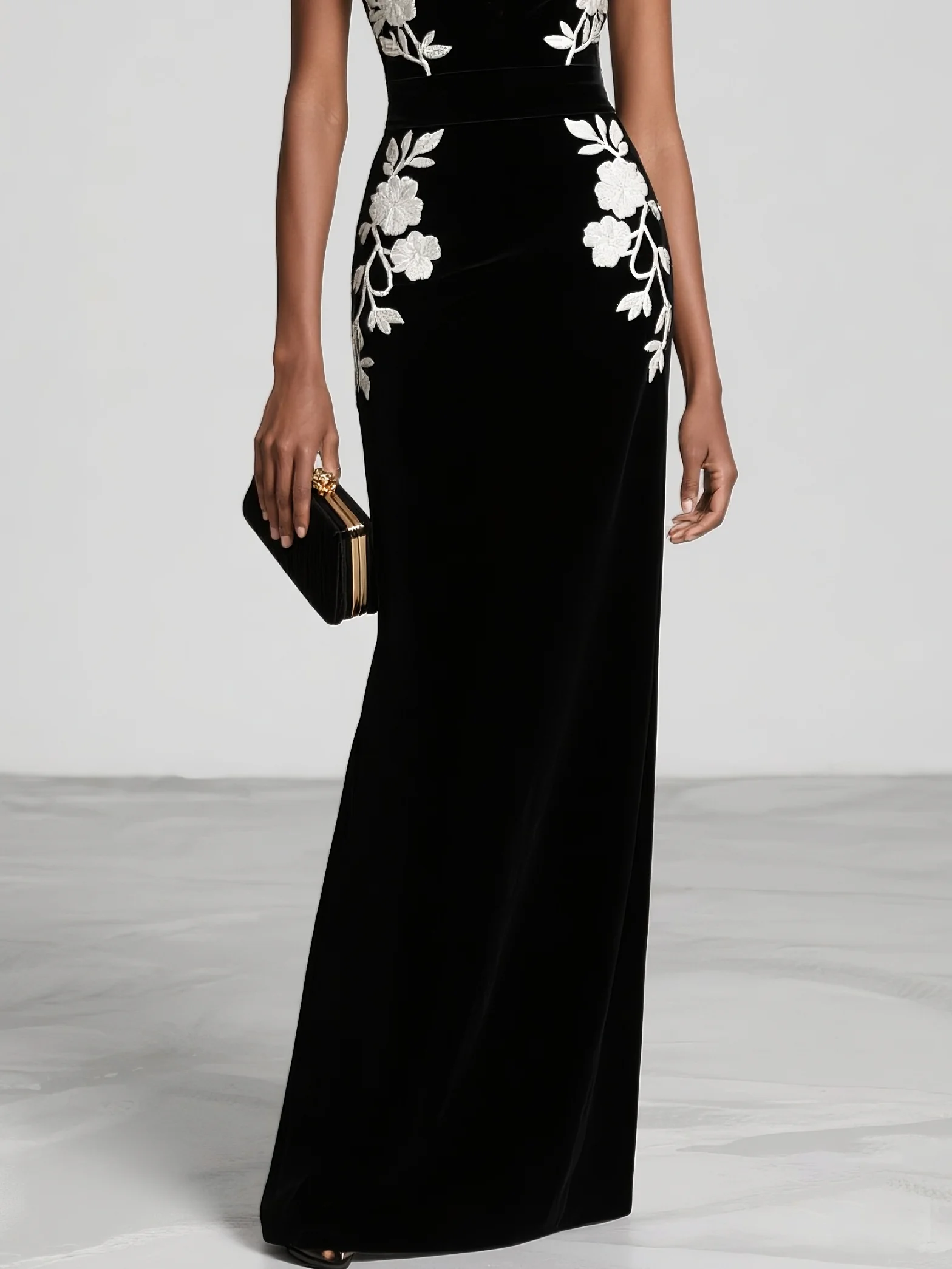 Black Embroidery Classic Strapless Sleeveless Sheath Maxi Dress