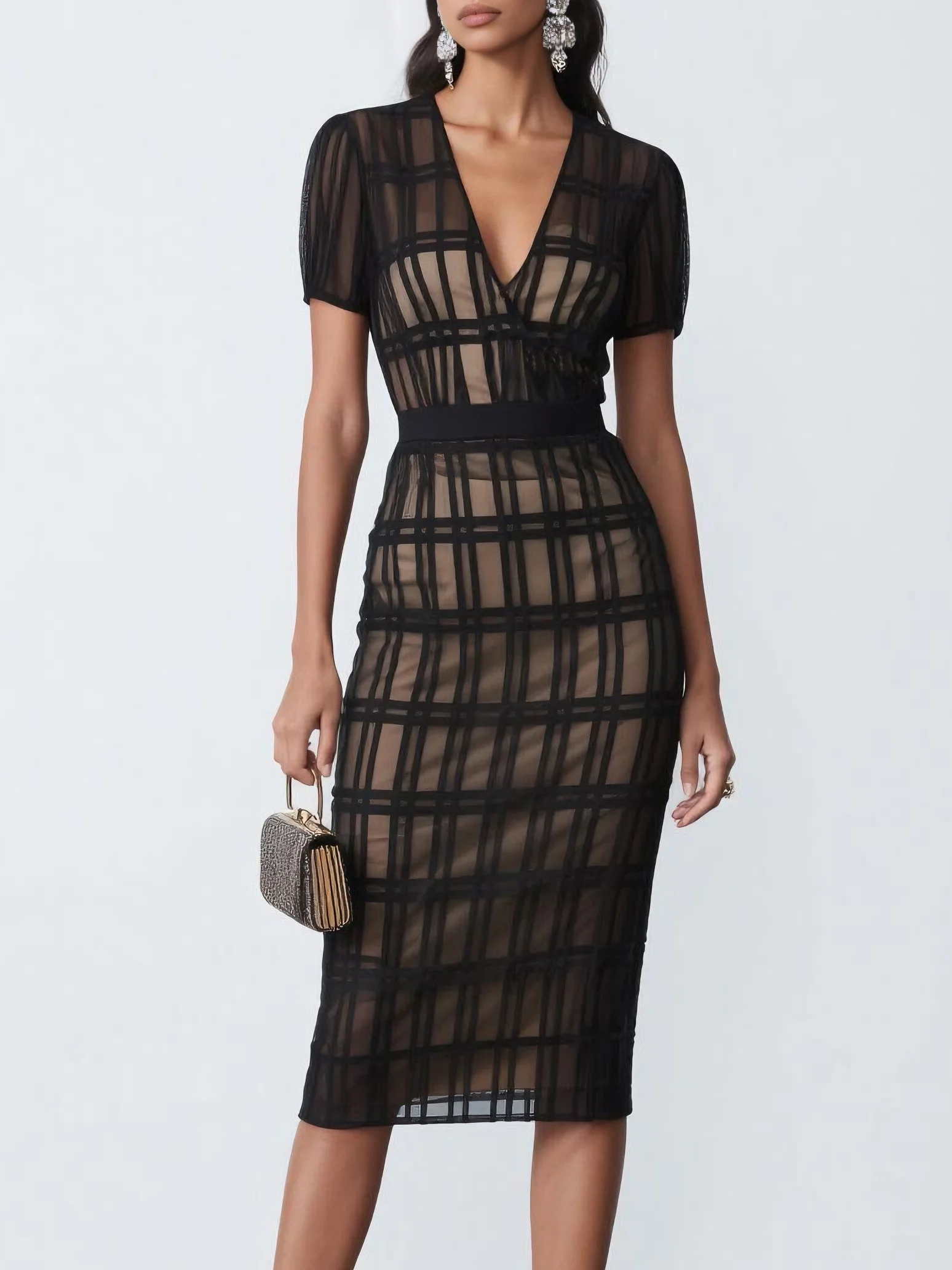 Black Classic V Neck Short Sleeve Sheath Midi Dress