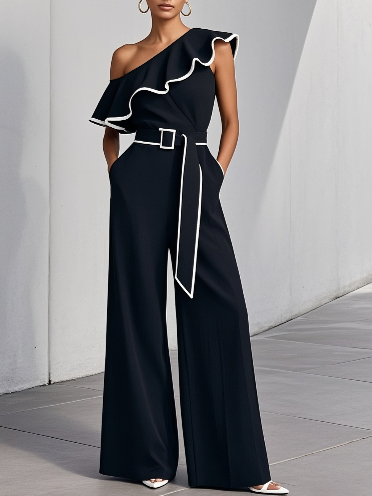 Women Black Piping Ruffled One Shoulder Sleeveless Urban Jumpsuit