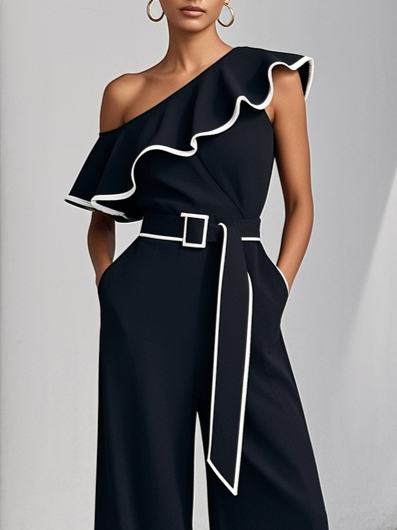 Women Black Piping Ruffled One Shoulder Sleeveless Urban Jumpsuit
