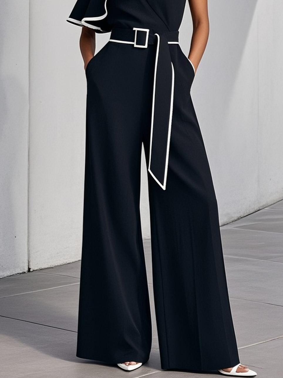 Women Black Piping Ruffled One Shoulder Sleeveless Urban Jumpsuit