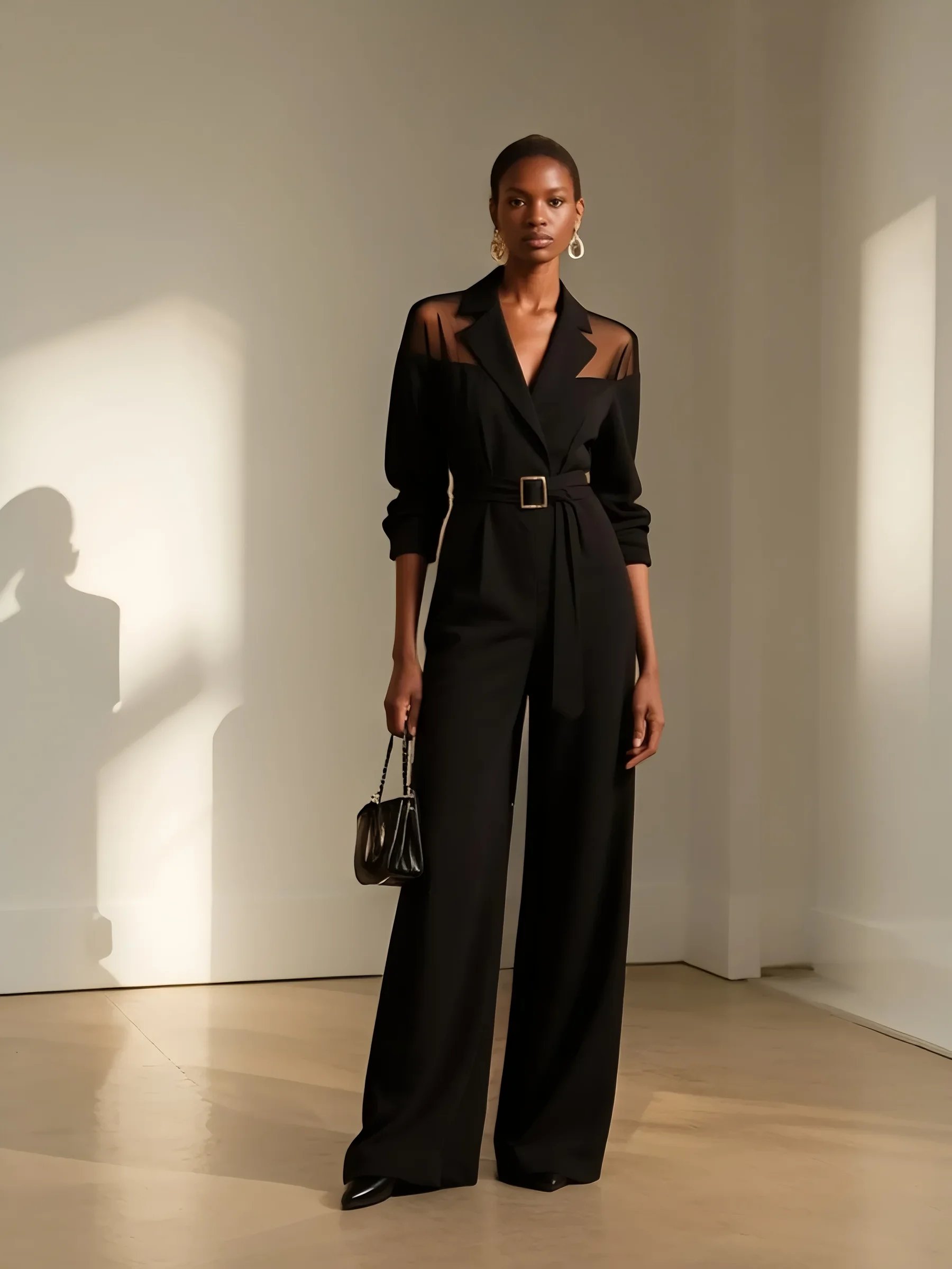 Women Black Mesh Lapel Collar Long Sleeve Dressy Jumpsuit