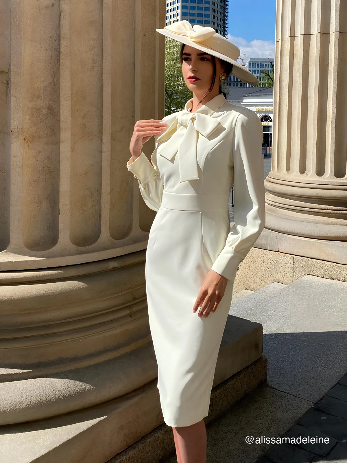 Off White Bow Neck Long Sleeve Sheath Midi Blazer Dress