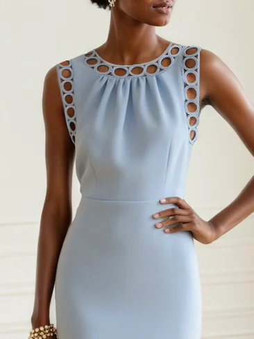 Light Blue Lace Classic Crew Neck Sleeveless Sheath Midi Dress