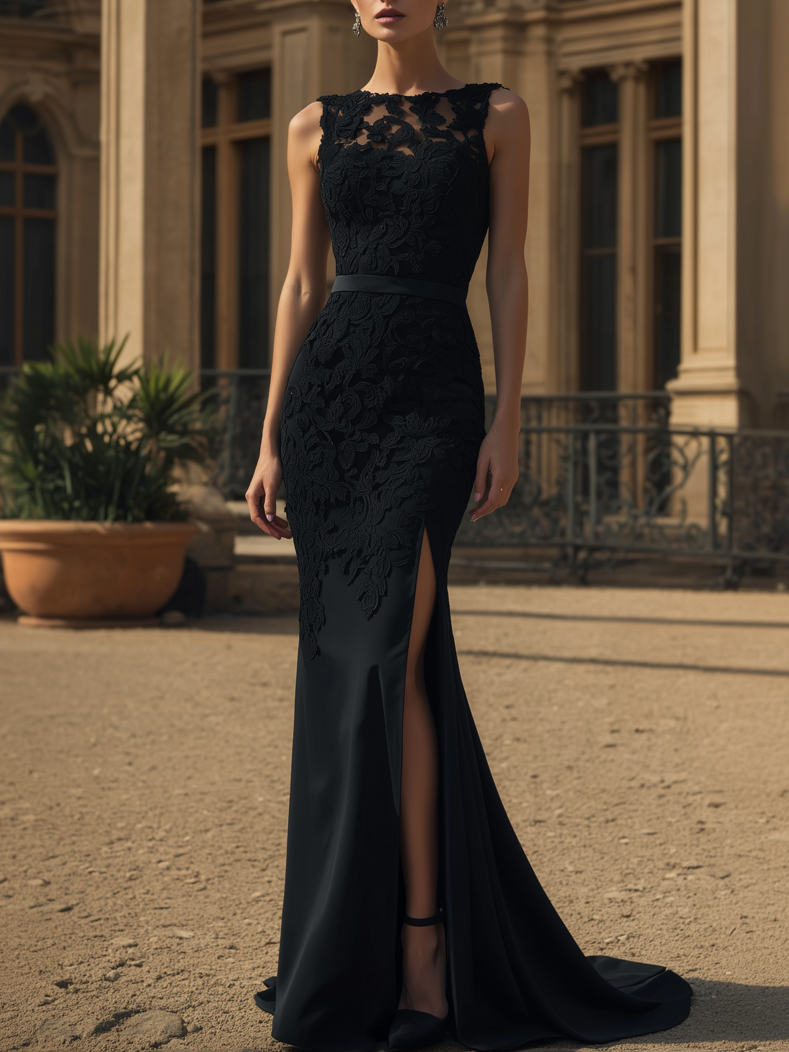 Black Lace Split Joint Classic Boat Neck Sleeveless Mermaid Gown Dress