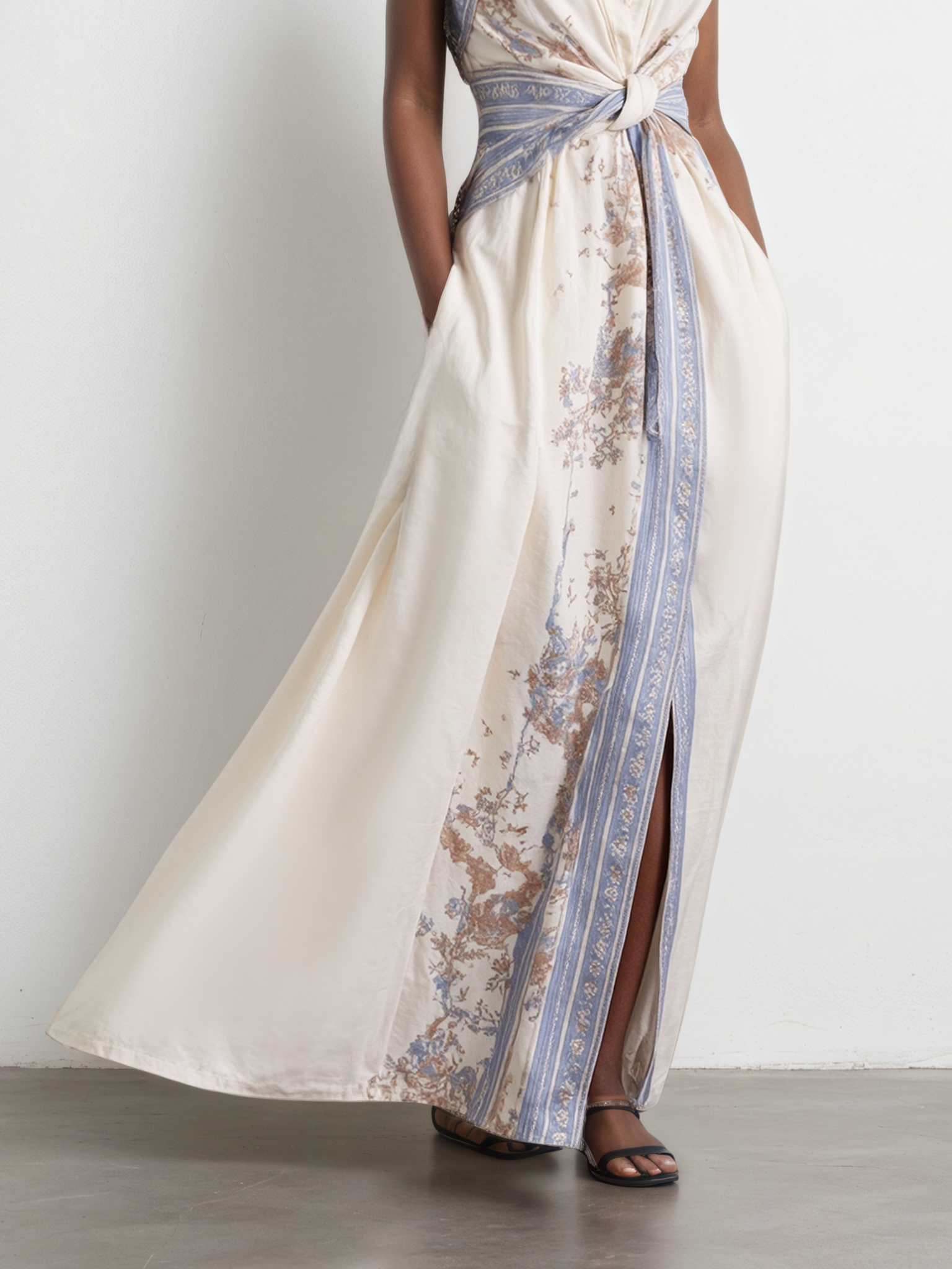 Blue Buckle Knot Front Shirt Dress Shirt Collar Sleeveless A-Line Maxi Dress