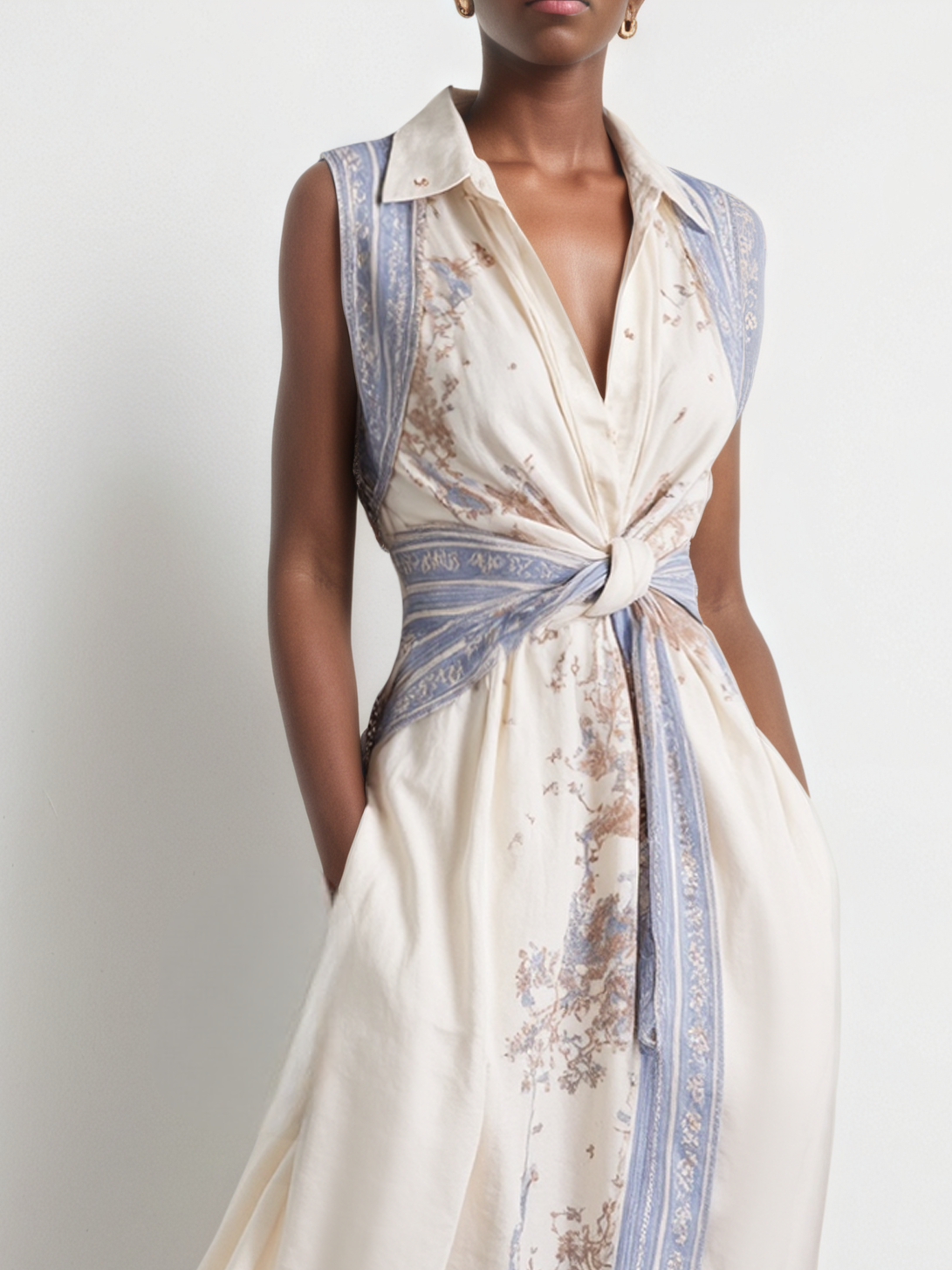 Blue Buckle Knot Front Shirt Dress Shirt Collar Sleeveless A-Line Maxi Dress