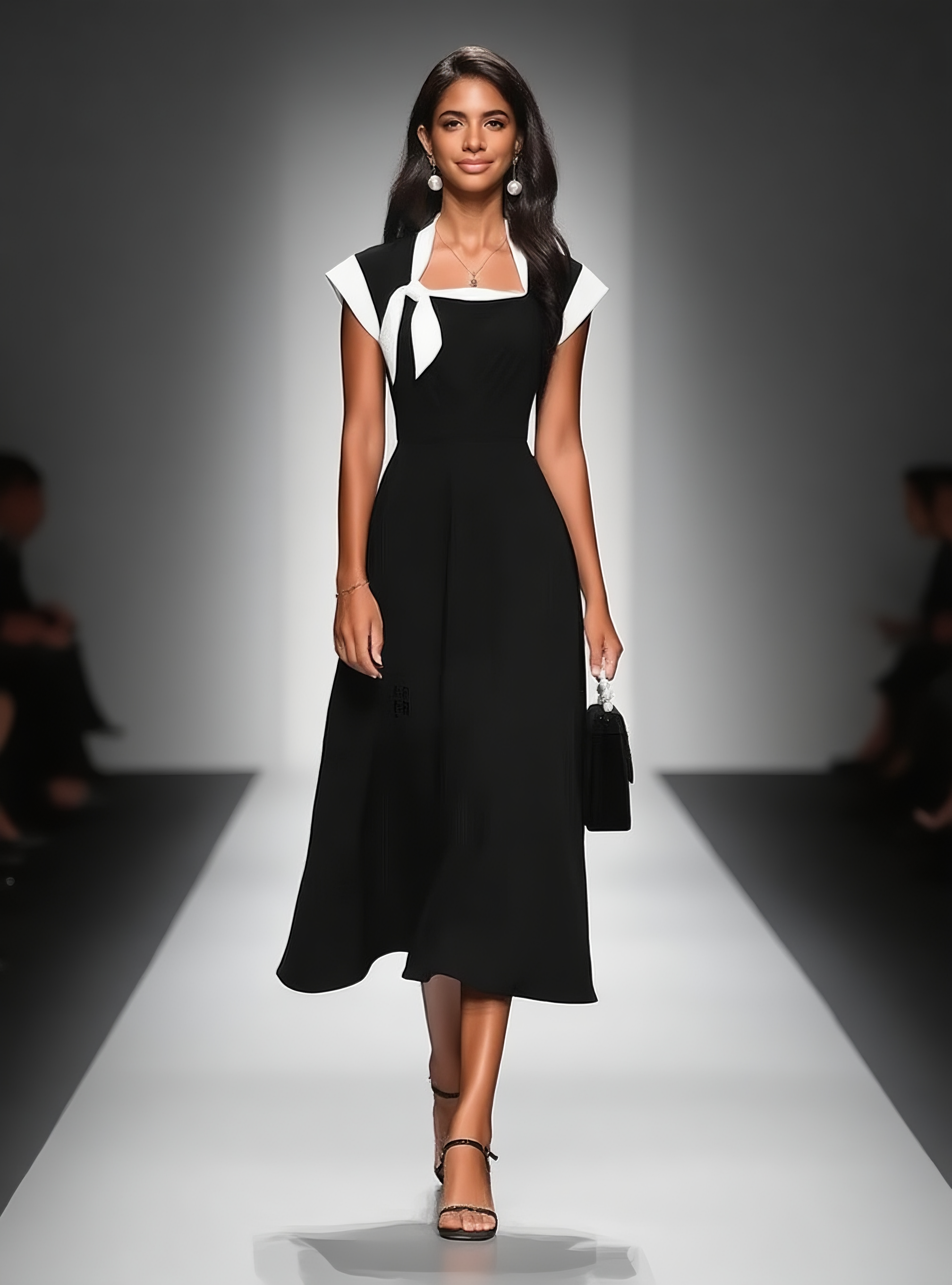 Black Bow Classic Square Neck Cap Sleeve A-Line Midi Dress