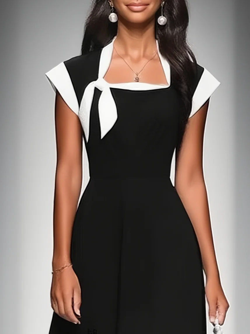 Black Bow Classic Square Neck Cap Sleeve A-Line Midi Dress