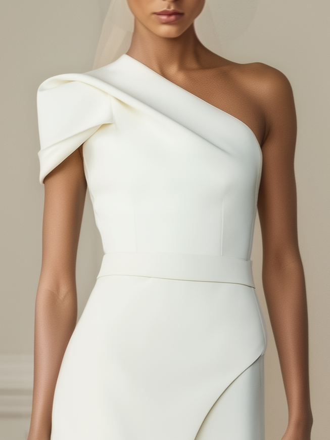 Women White Ruched One Shoulder Short Sleeve Regular Sleeve Dressy Jumpsuit