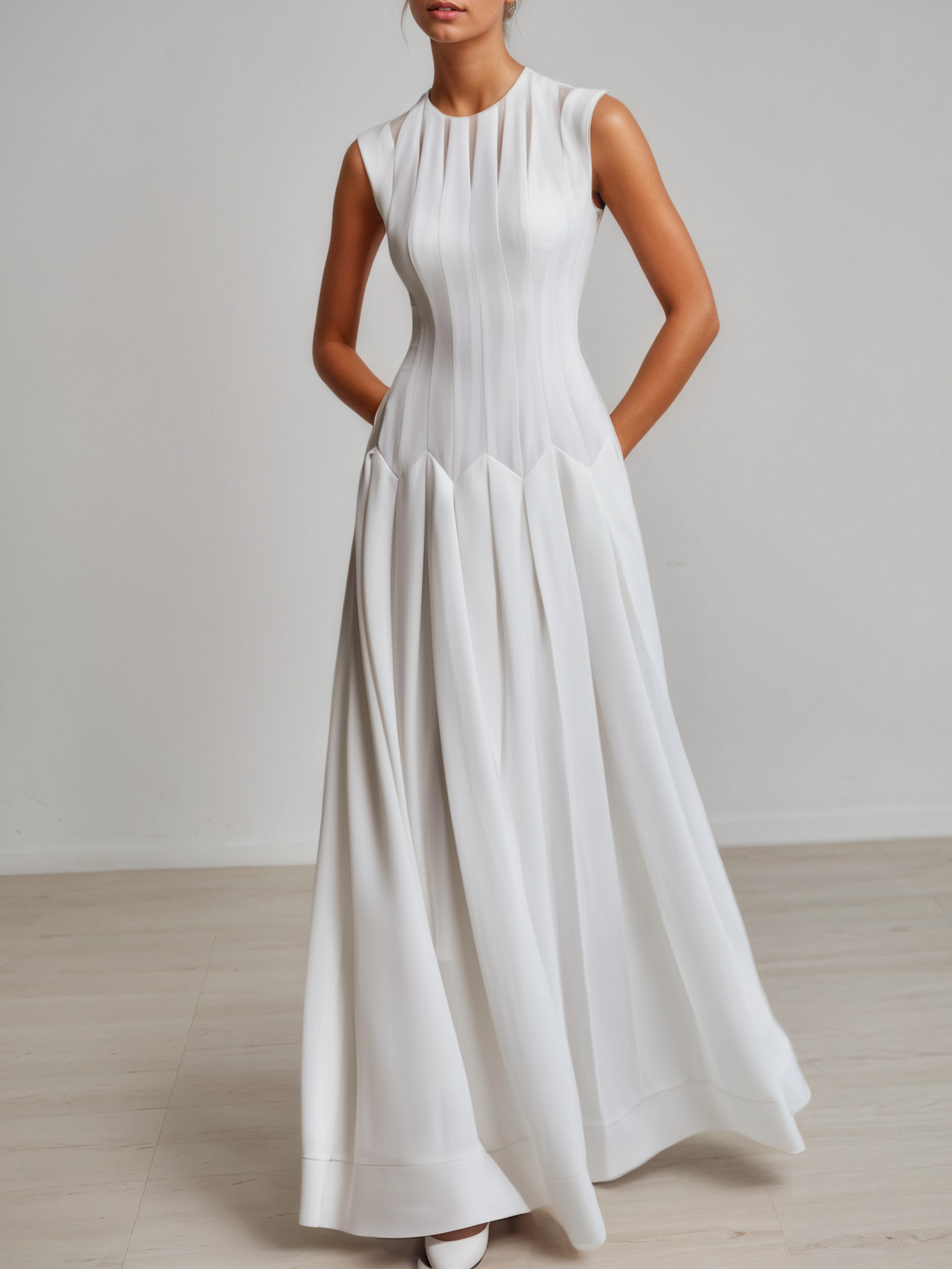 White Split Joint Mesh Classic Crew Neck Sleeveless A-Line Maxi Dress