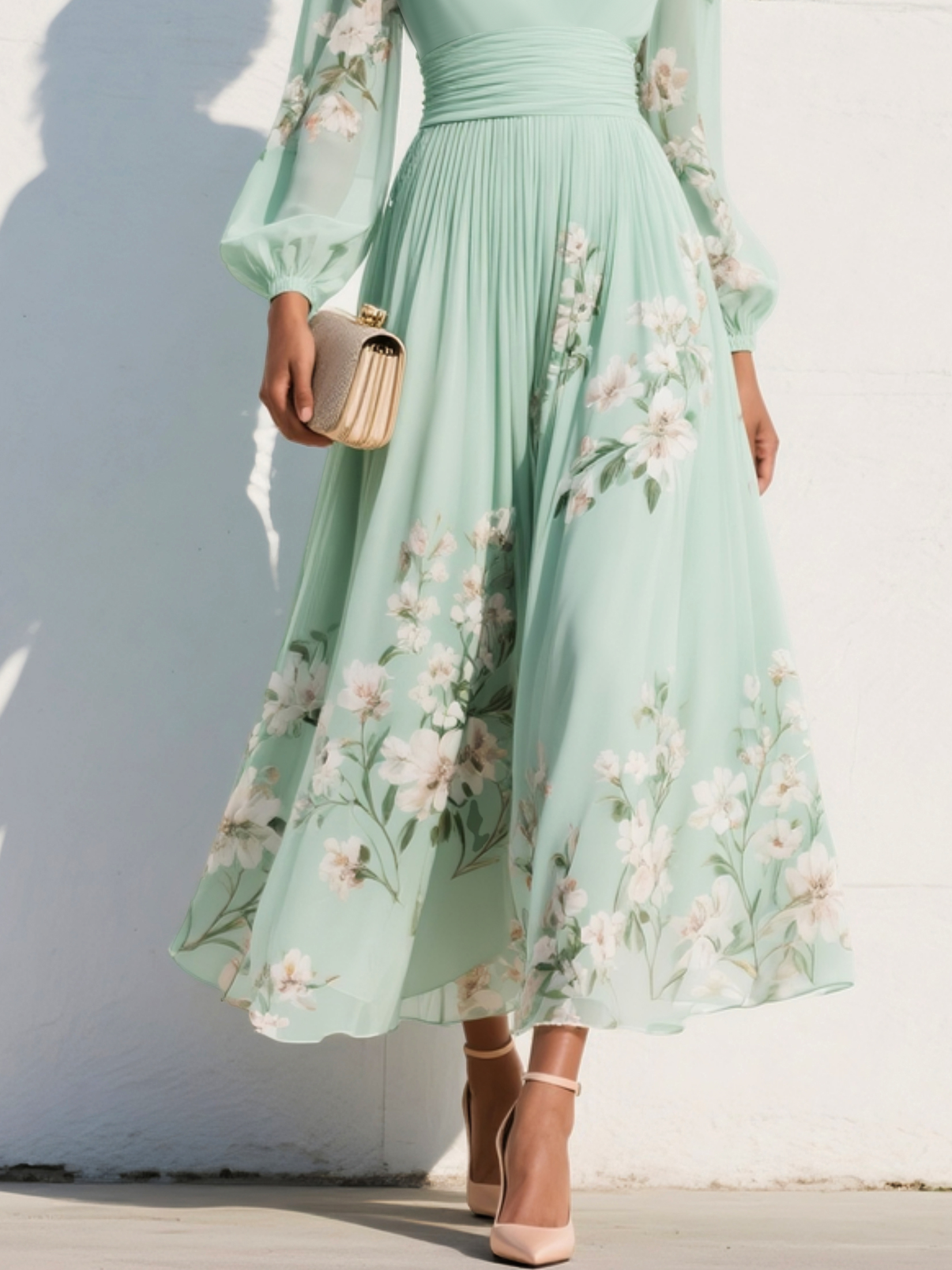 Light Green Ruched Floral Chiffon V Neck Long Sleeve Balloon Sleeve A-Line Maxi Dress