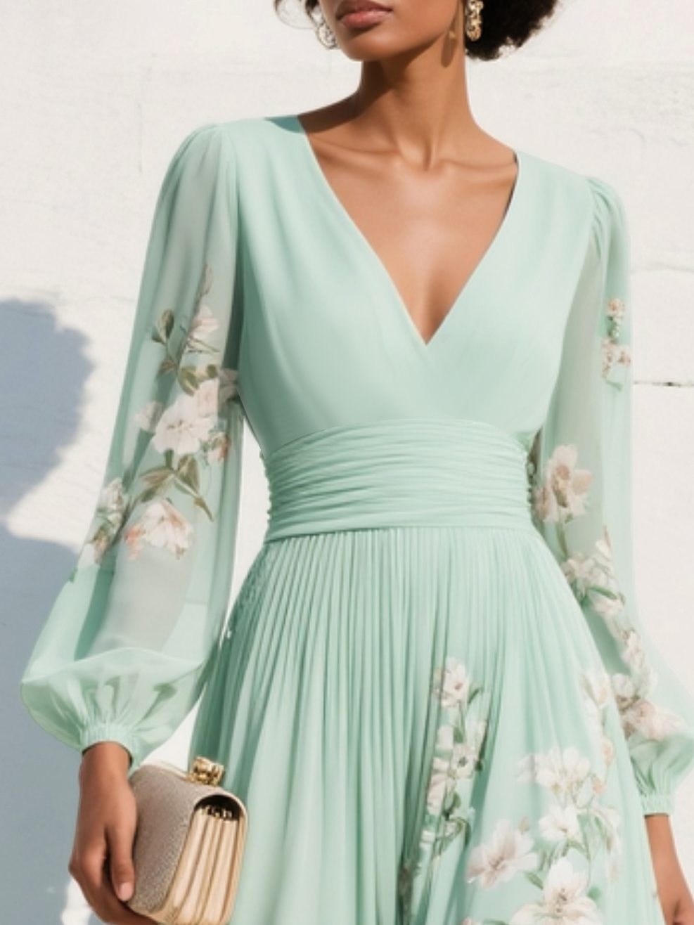 Light Green Ruched Floral Chiffon V Neck Long Sleeve Balloon Sleeve A-Line Maxi Dress