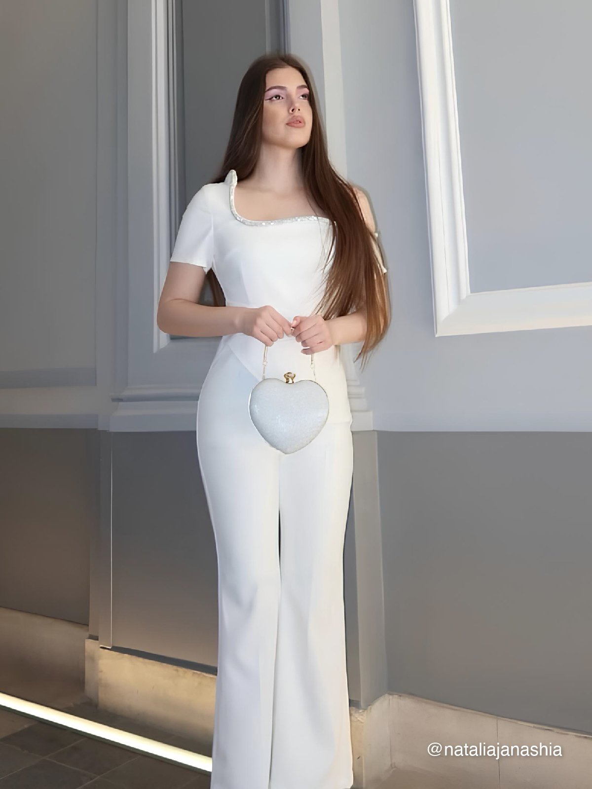 Women White Asymmetrical Rheinstone Wide-Leg Jumpsuit