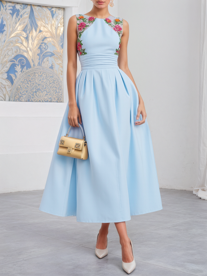 Light Blue Cotton Lyocell Floral Embroidery Ruched Classic Crew Neck Sleeveless A-Line Midi Dress