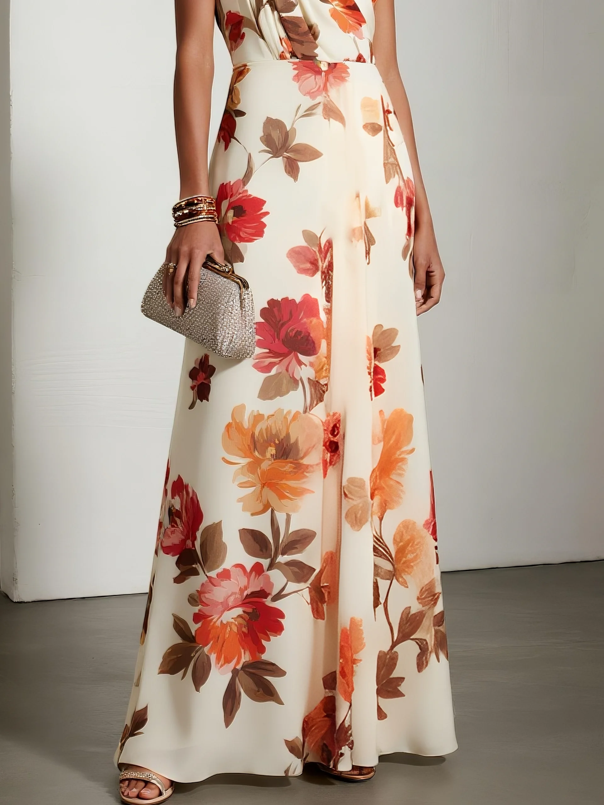 Orange Red Bow Floral Classic One Shoulder Sleeveless A-Line Maxi Dress