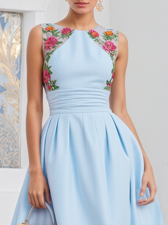 Light Blue Cotton Lyocell Floral Embroidery Ruched Classic Crew Neck Sleeveless A-Line Midi Dress