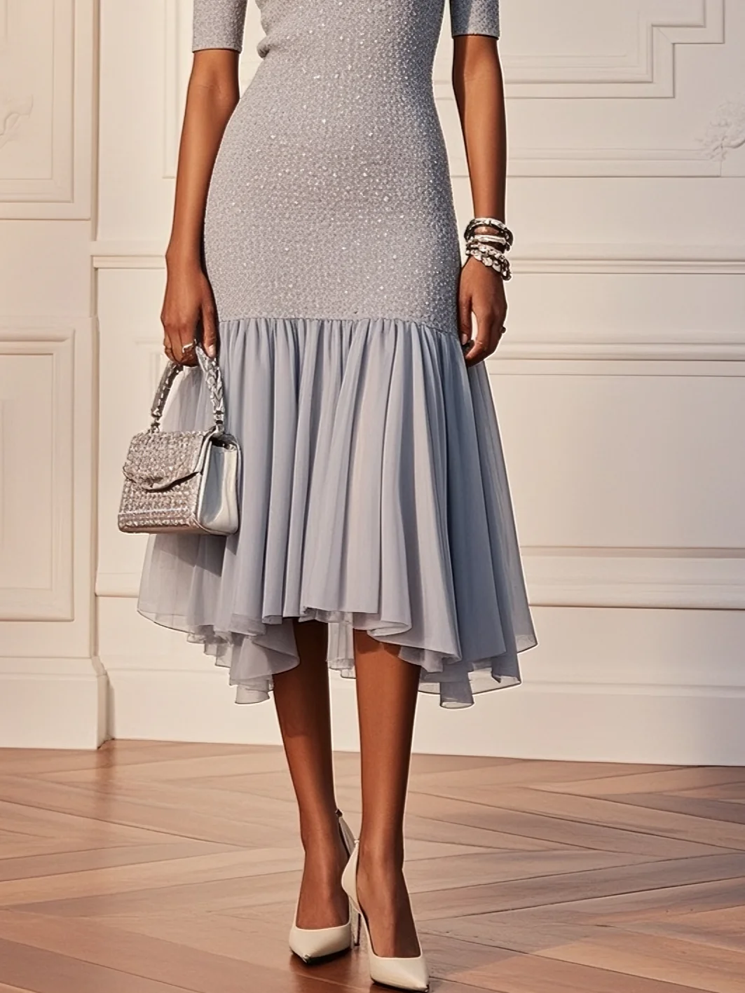 Gray Asymmetric Knit Crew Neck Half Sleeve Mermaid Midi Dress