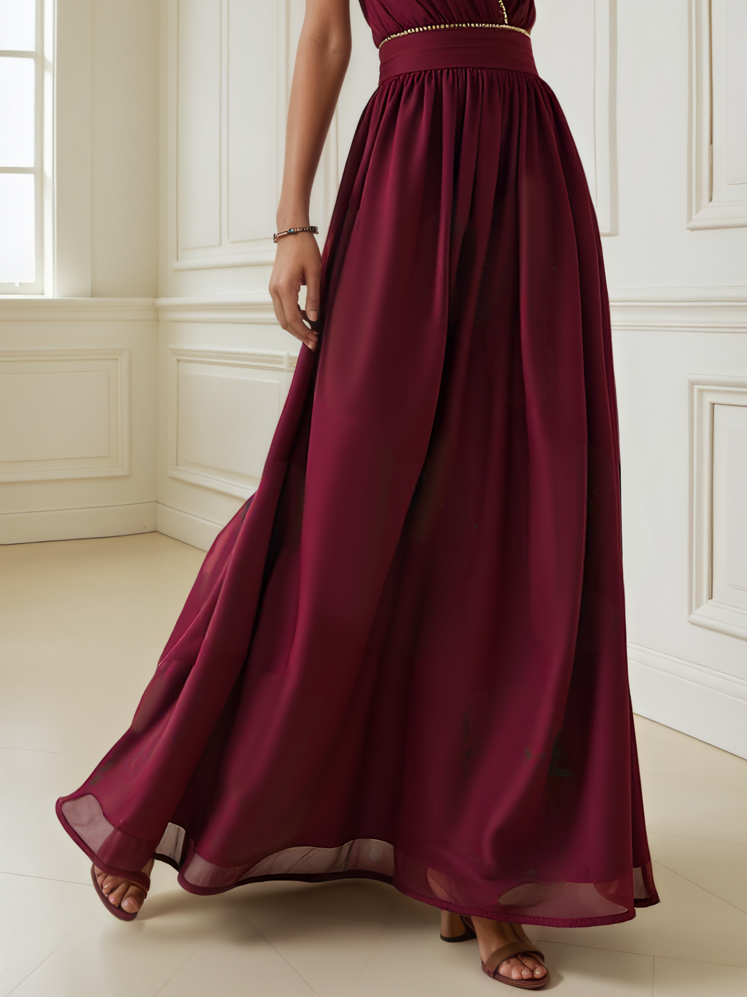 Wine Red Rhinestone Classic V Neck Sleeveless A-Line Maxi Dress