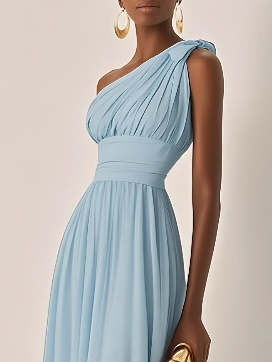 Light Blue Ruched Chiffon One Shoulder Sleeveless A-Line Maxi Dress