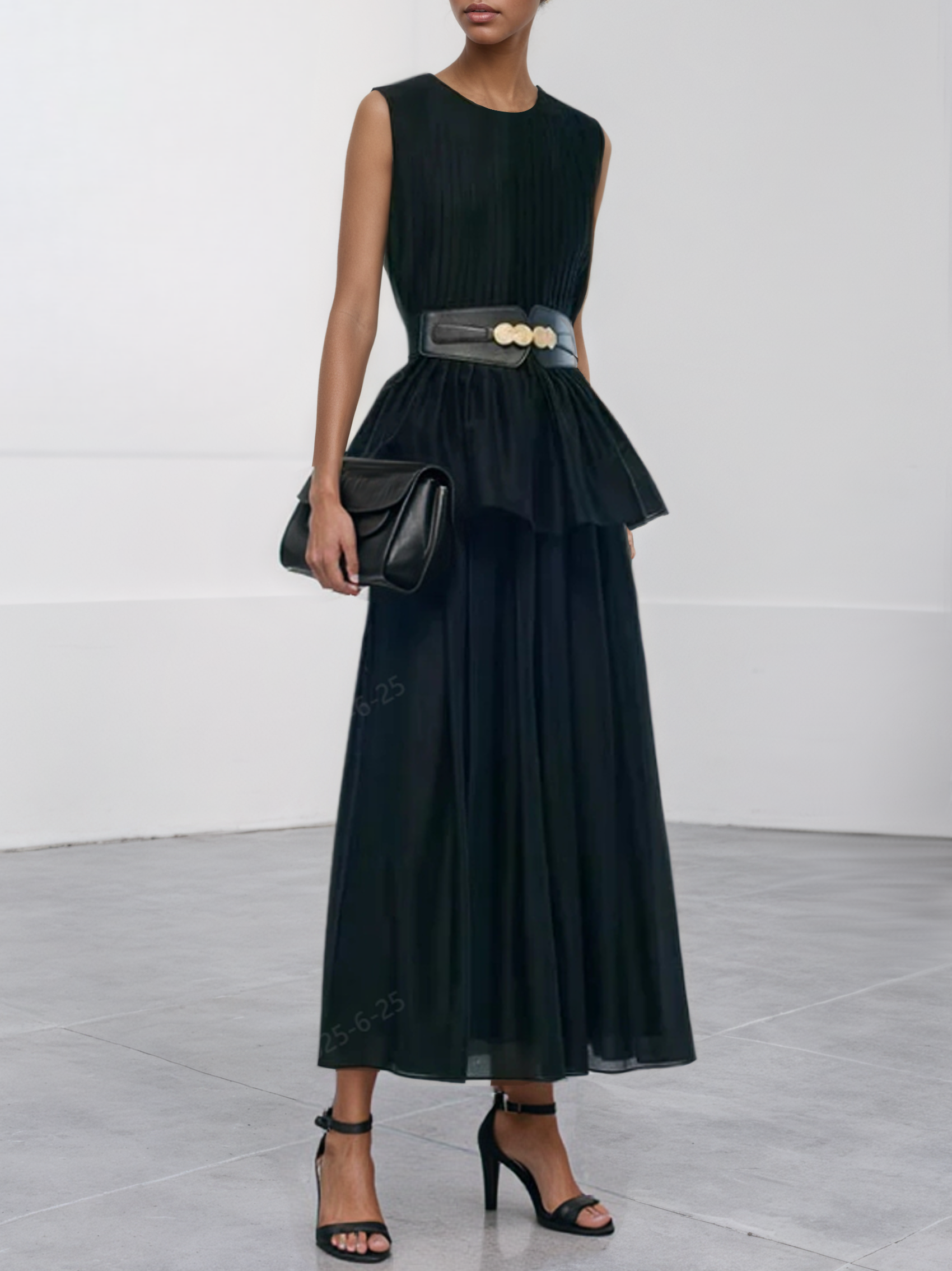 Women Black Pleated Crew Neck Sleeveless Dressy Top With Skirt Two-Piece Set