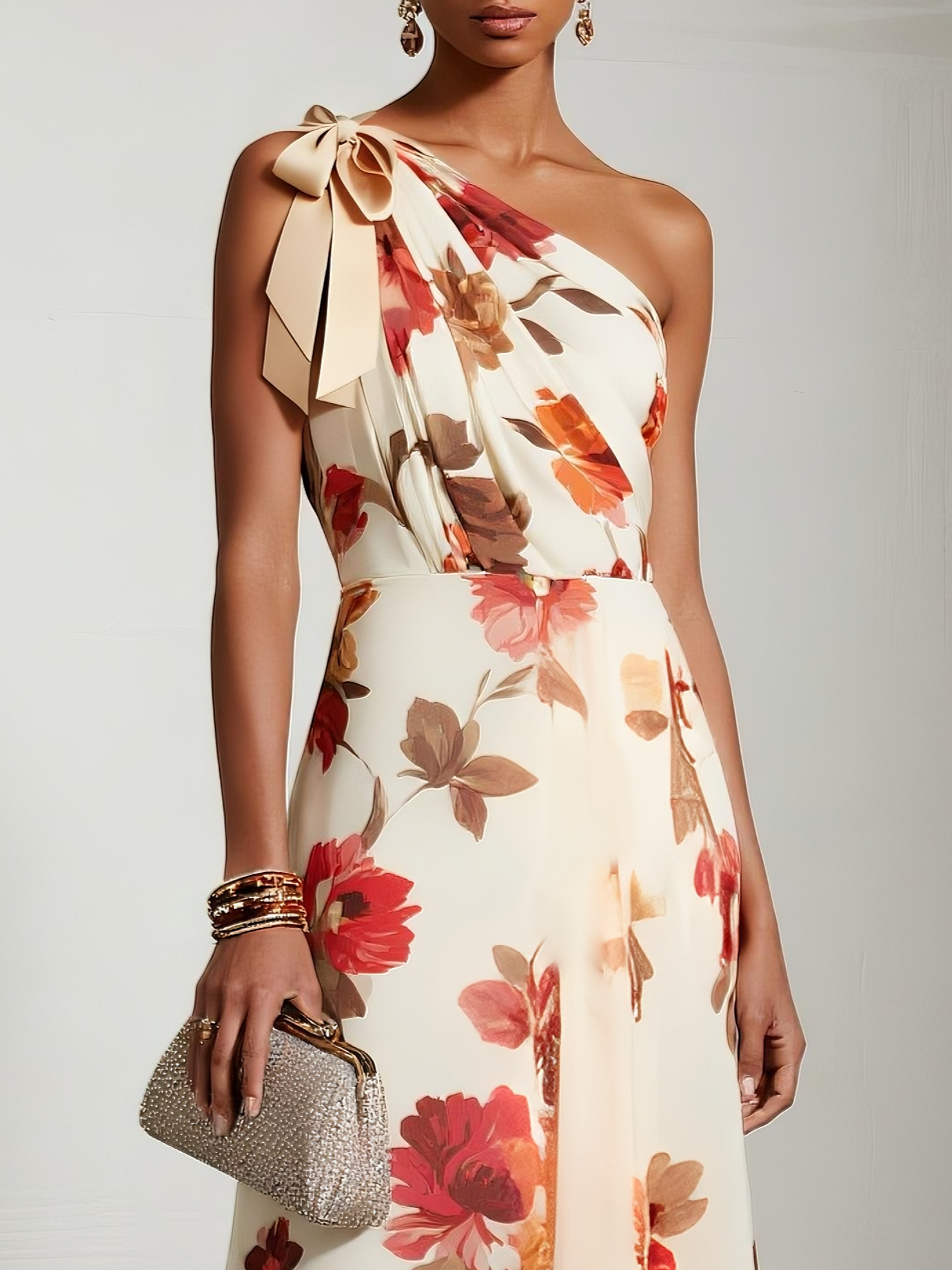 Orange Red Bow Floral Classic One Shoulder Sleeveless A-Line Maxi Dress
