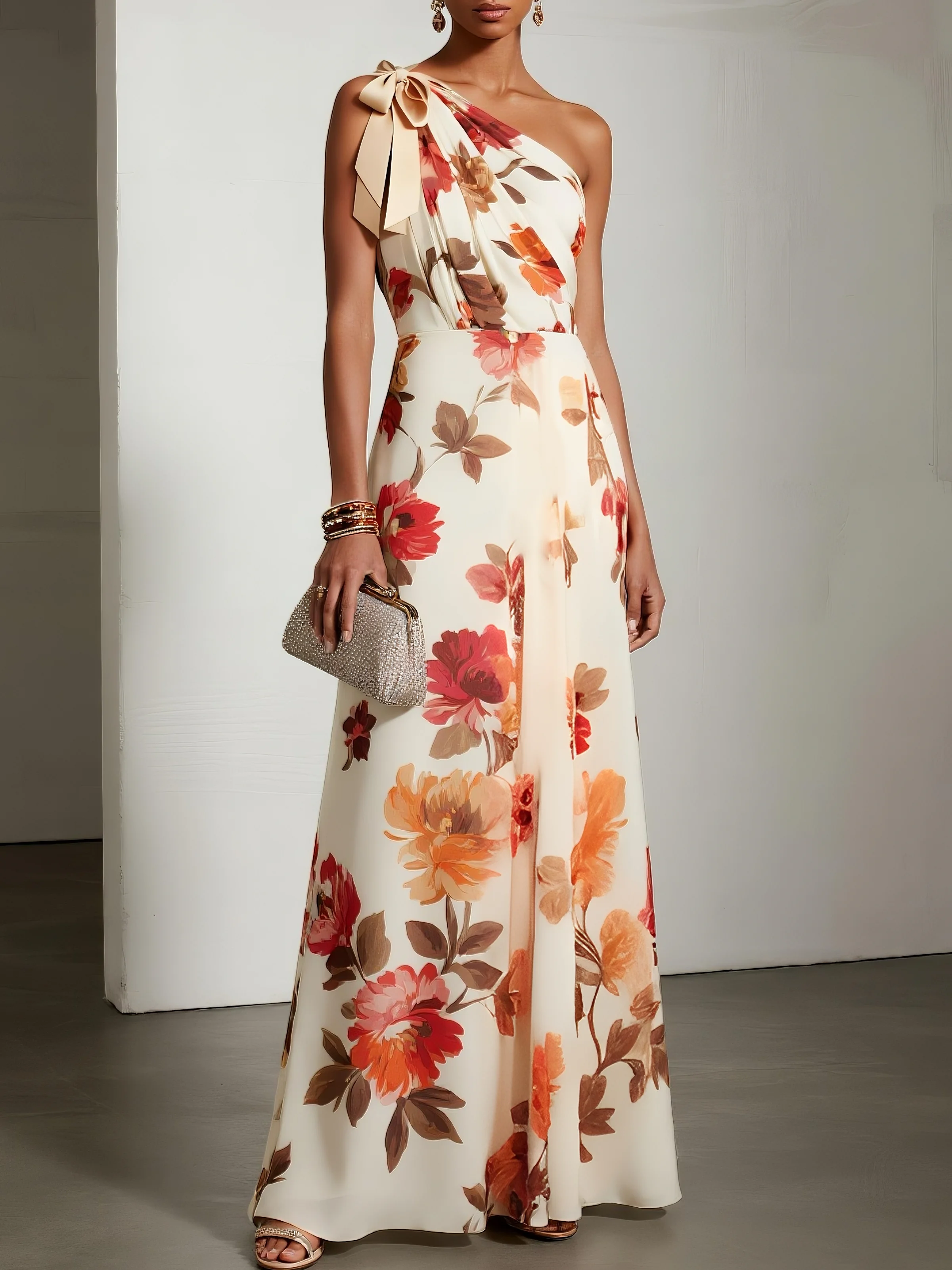 Orange Red Bow Floral Classic One Shoulder Sleeveless A-Line Maxi Dress