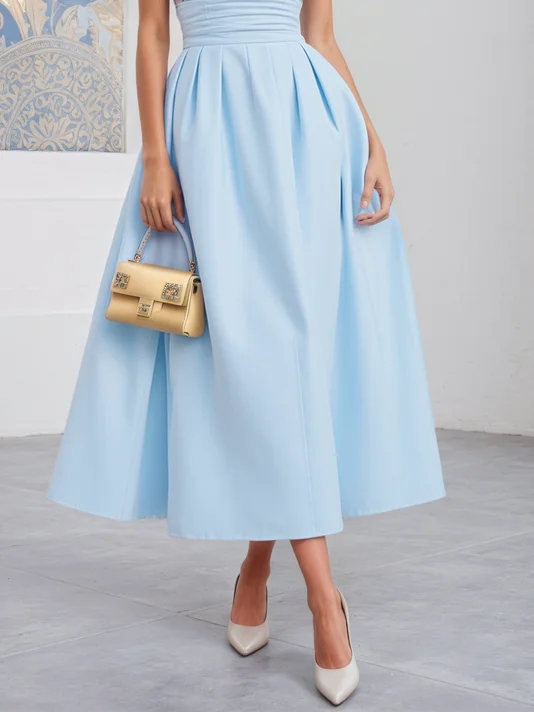Light Blue Cotton Lyocell Floral Embroidery Ruched Classic Crew Neck Sleeveless A-Line Midi Dress