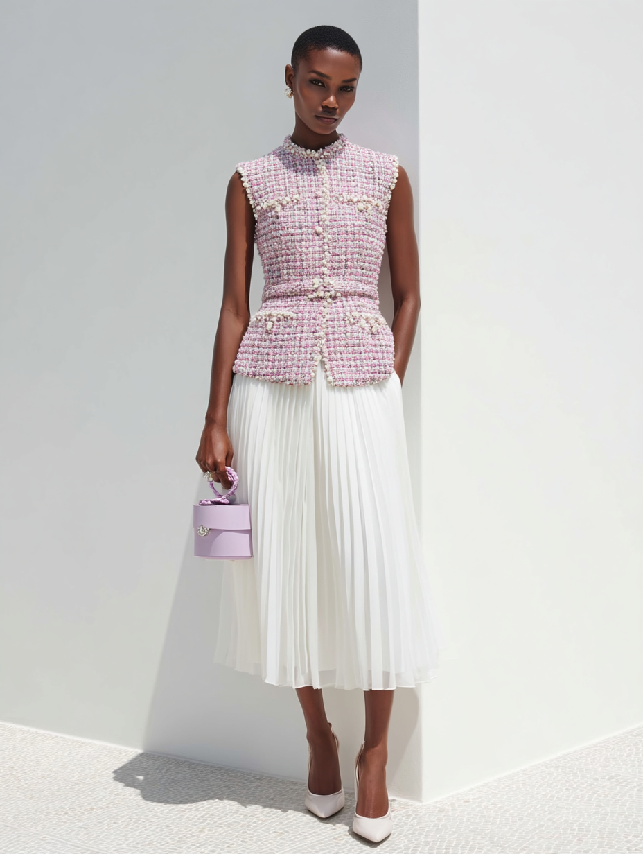 Women Pink Tweed Buckle Stitching Lace Crew Neck Sleeveless Dressy Coat With Skirt Two-Piece Set