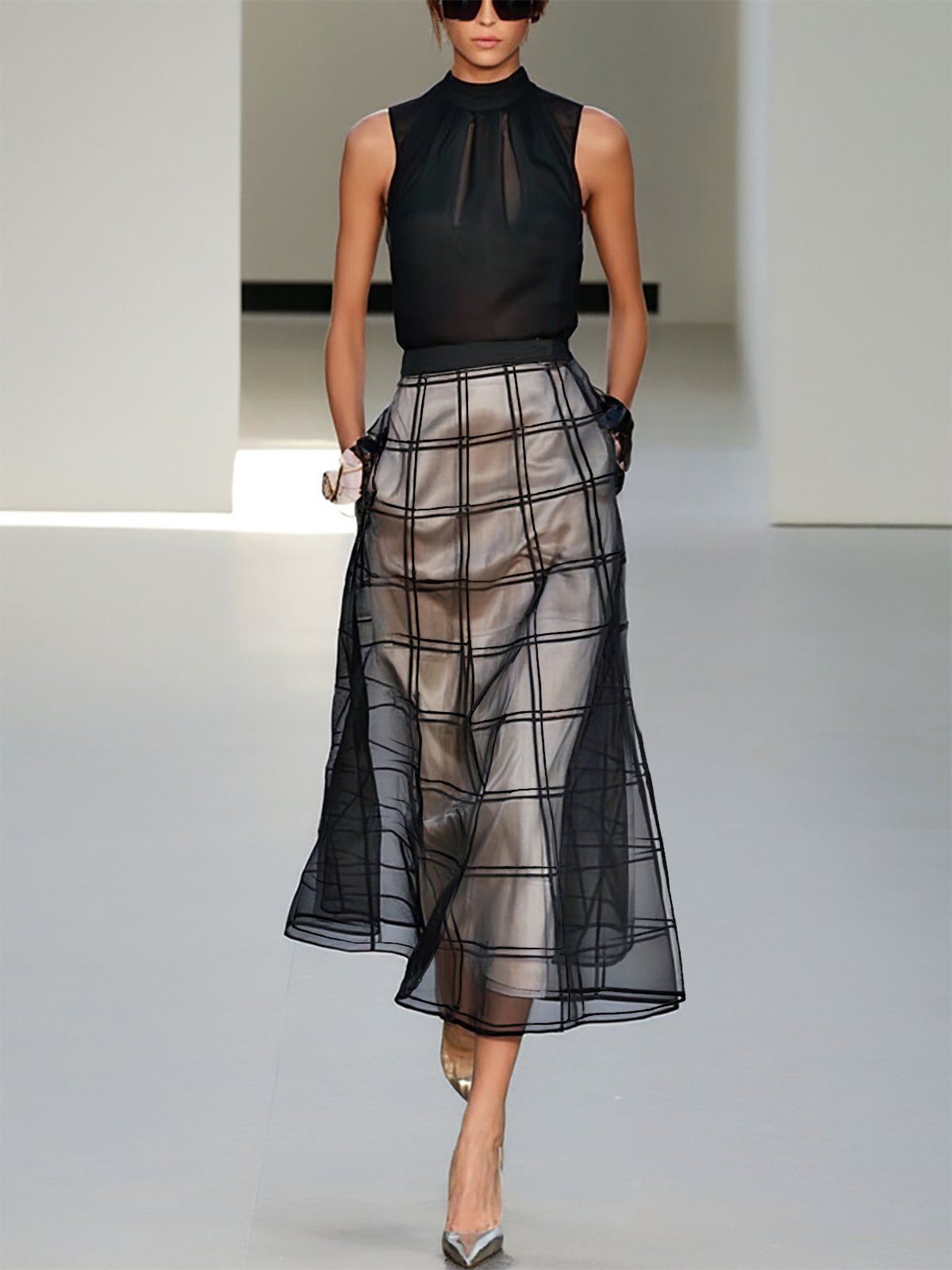 Black Organza Plaid Classic Mock Neck Sleeveless A-Line Midi Dress
