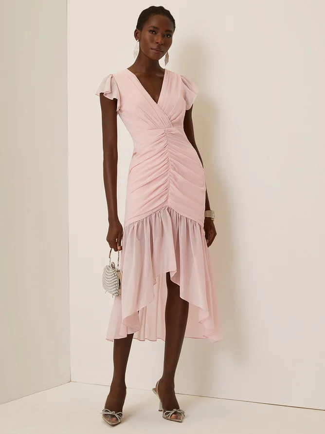 Pink Ruched Peplum Chiffon V Neck Cap Sleeve Ruffle Sleeve Mermaid Midi Dress