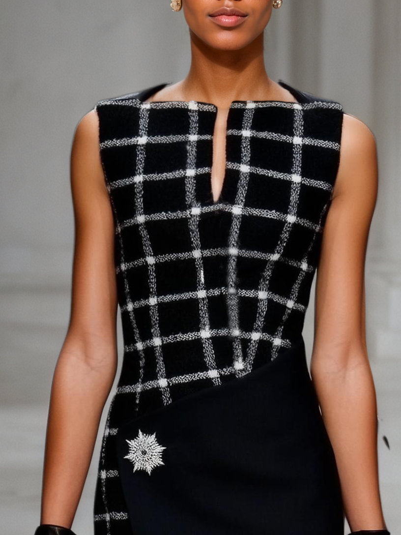 Black Slit Metal Tweed Crew Neck Sleeveless Sheath Midi Dress