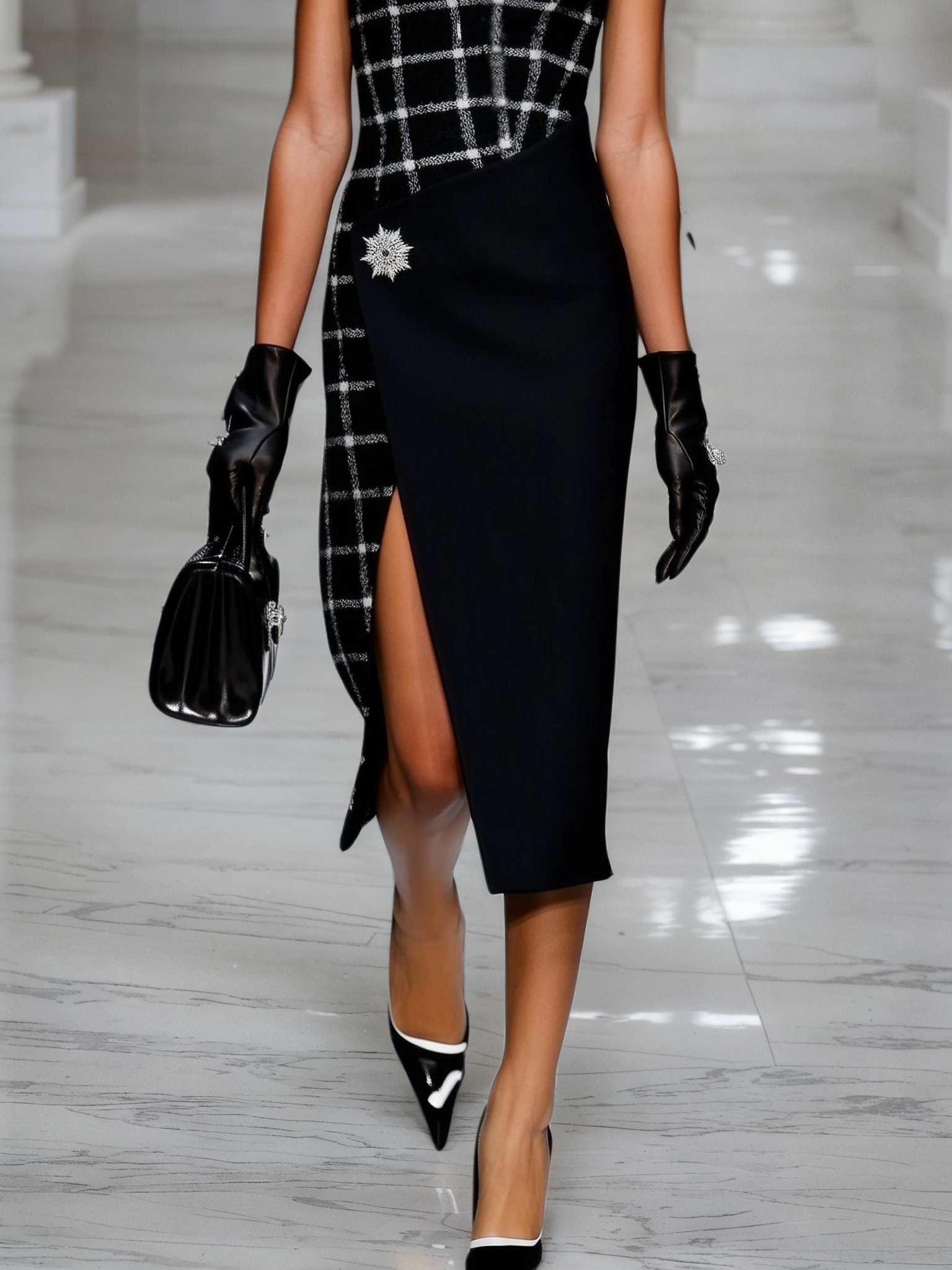 Black Slit Metal Tweed Crew Neck Sleeveless Sheath Midi Dress