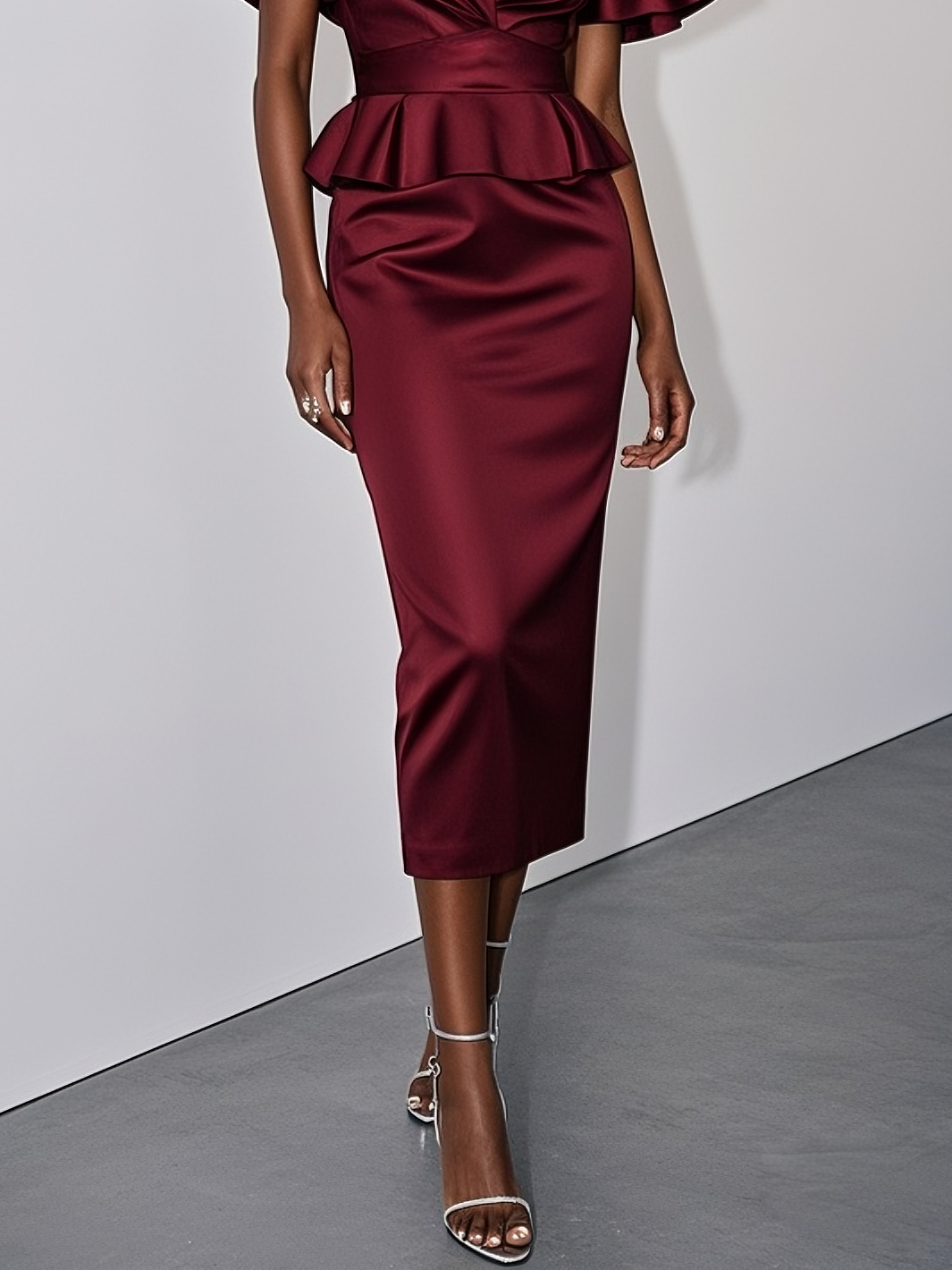 Wine Red Ruffled Peplum V Neck Short Sleeve Bell Sleeve Sheath Midi Dress