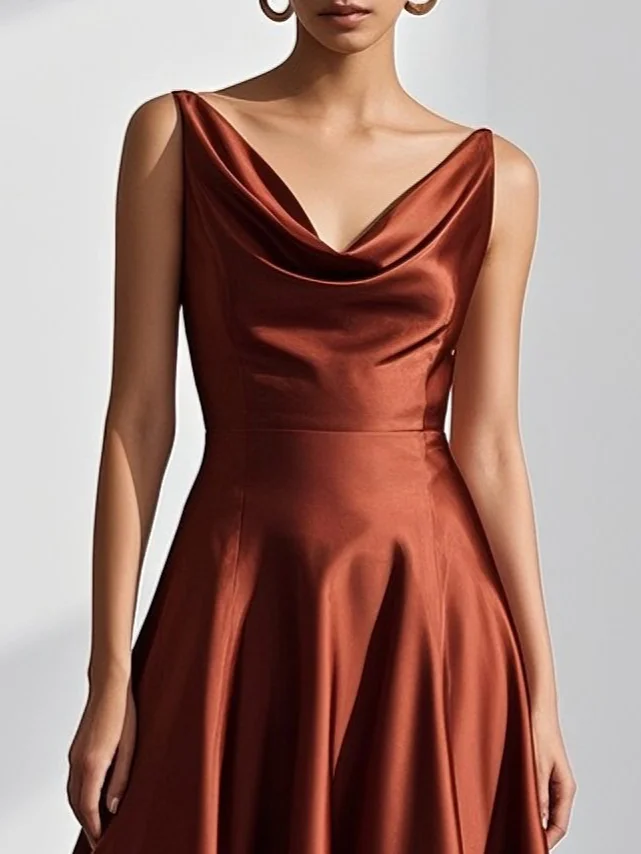 Caramel Asymmetric Satin Cowl Neck Sleeveless A-Line Midi Dress