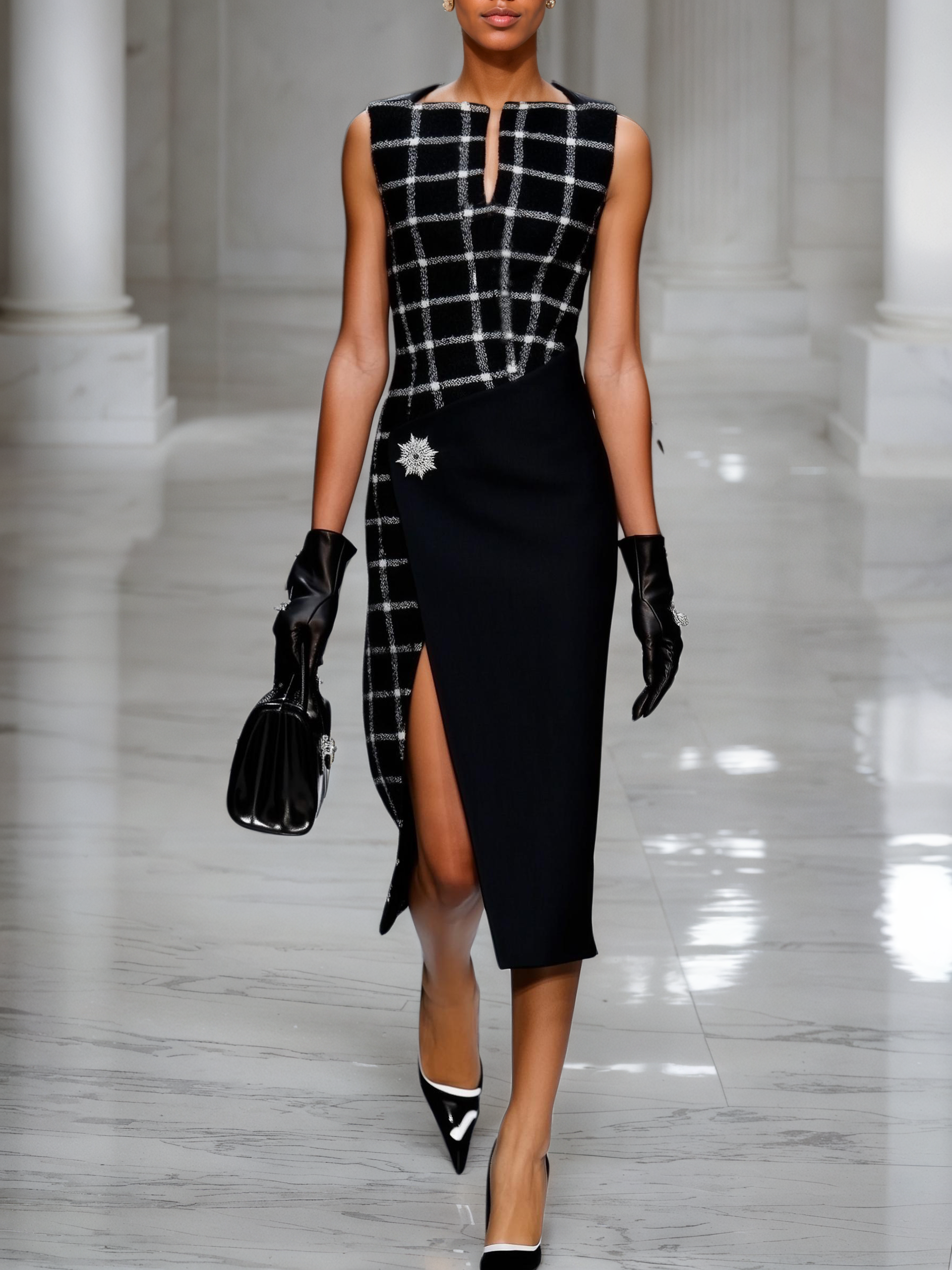 Black Slit Metal Tweed Crew Neck Sleeveless Sheath Midi Dress