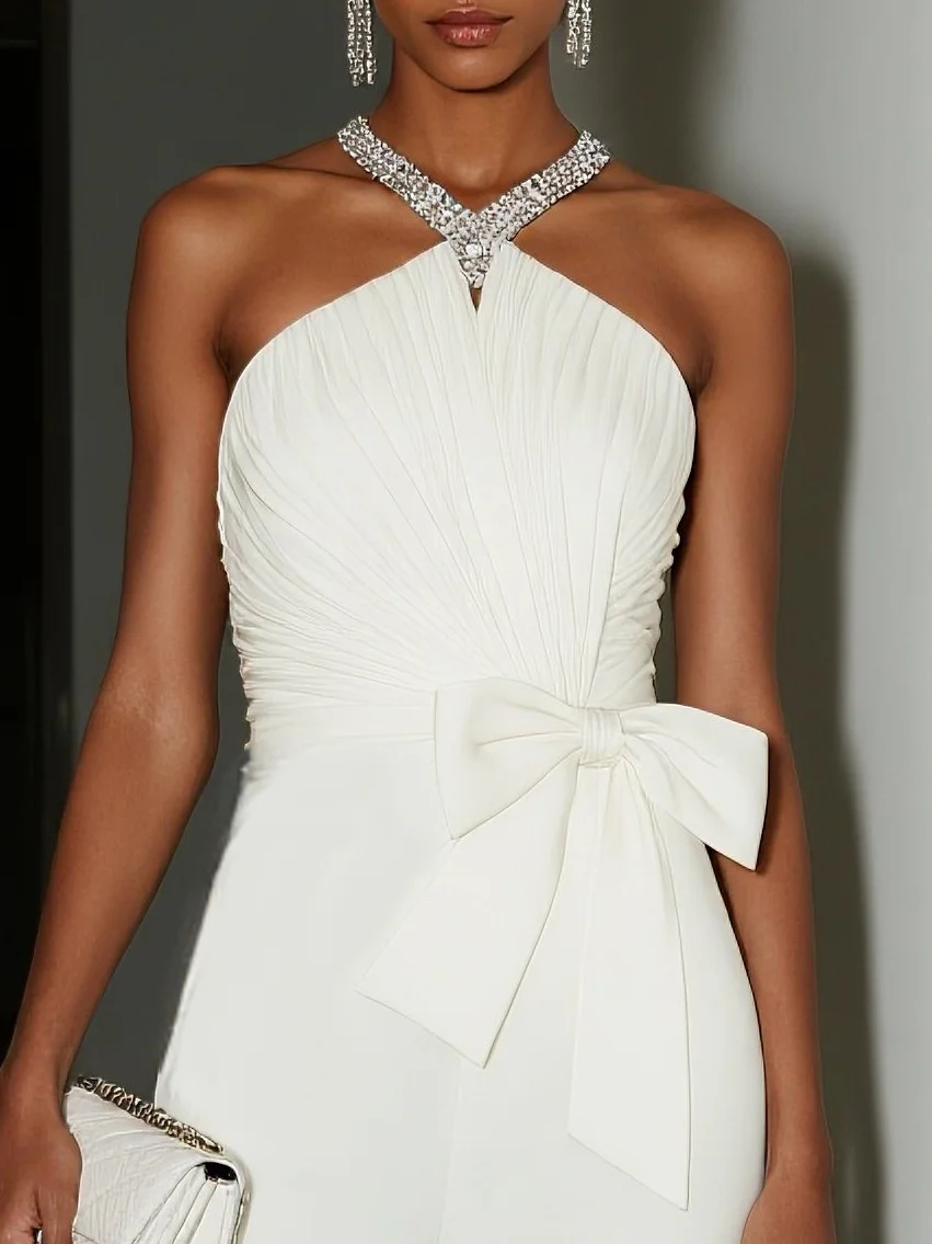 Women White Pleated Rhinestone Halter Sleeveless Dressy Jumpsuit