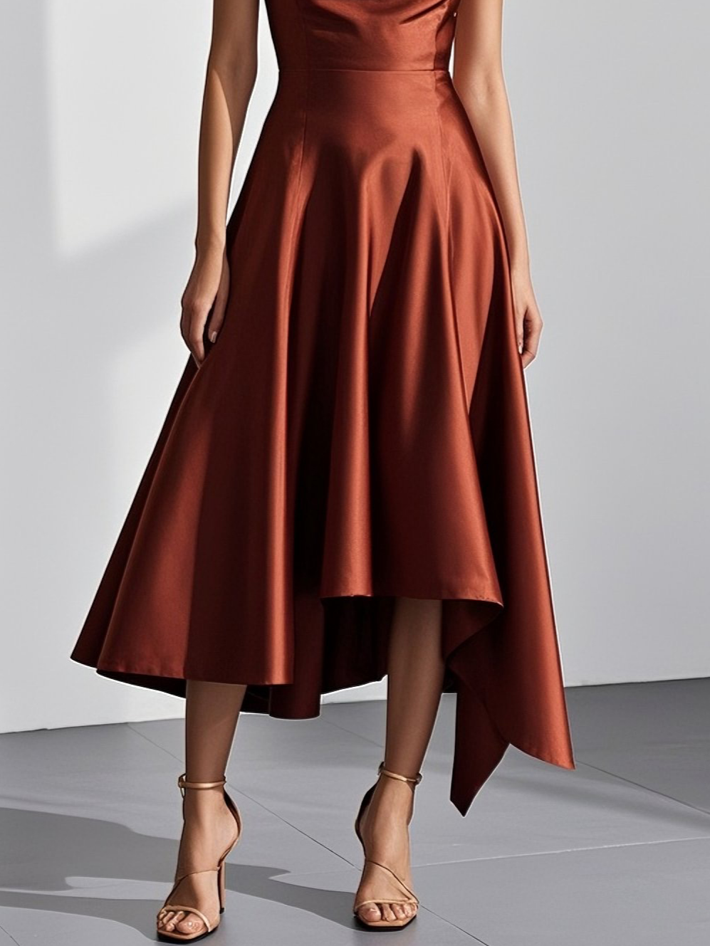 Caramel Asymmetric Satin Cowl Neck Sleeveless A-Line Midi Dress