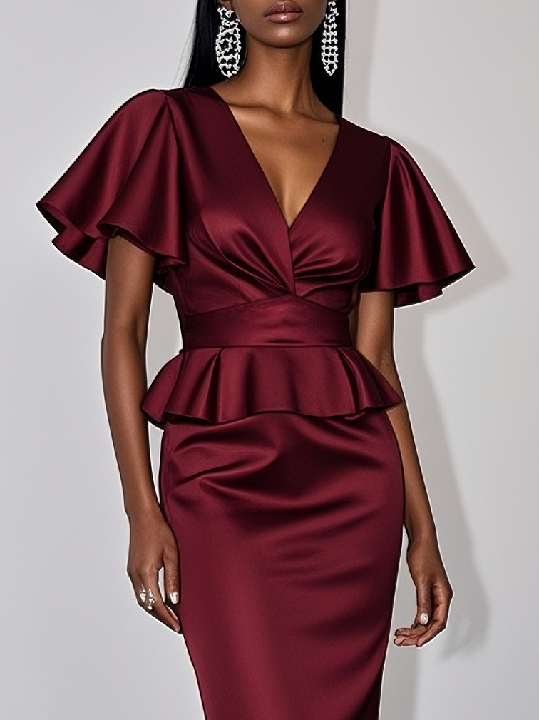 Wine Red Ruffled Peplum V Neck Short Sleeve Bell Sleeve Sheath Midi Dress