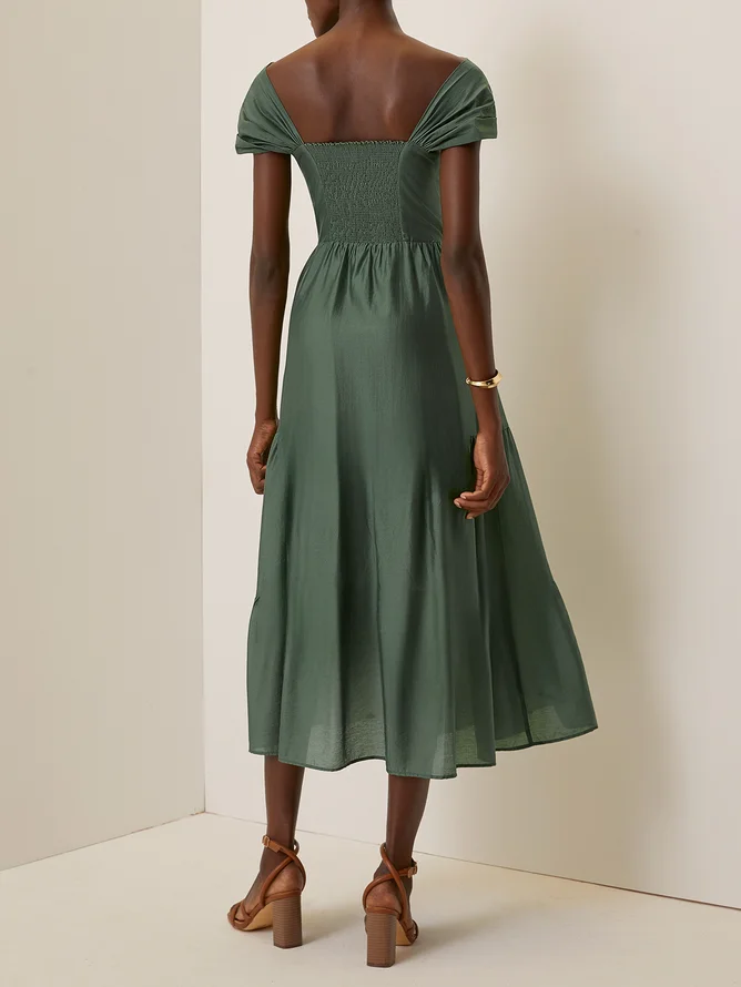 Green Lace Beaded Spaghetti Sleeveless A-Line Midi Dress