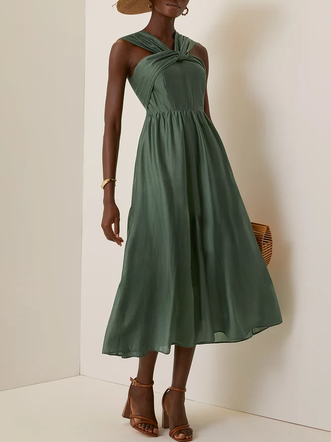 Green Lace Beaded Spaghetti Sleeveless A-Line Midi Dress