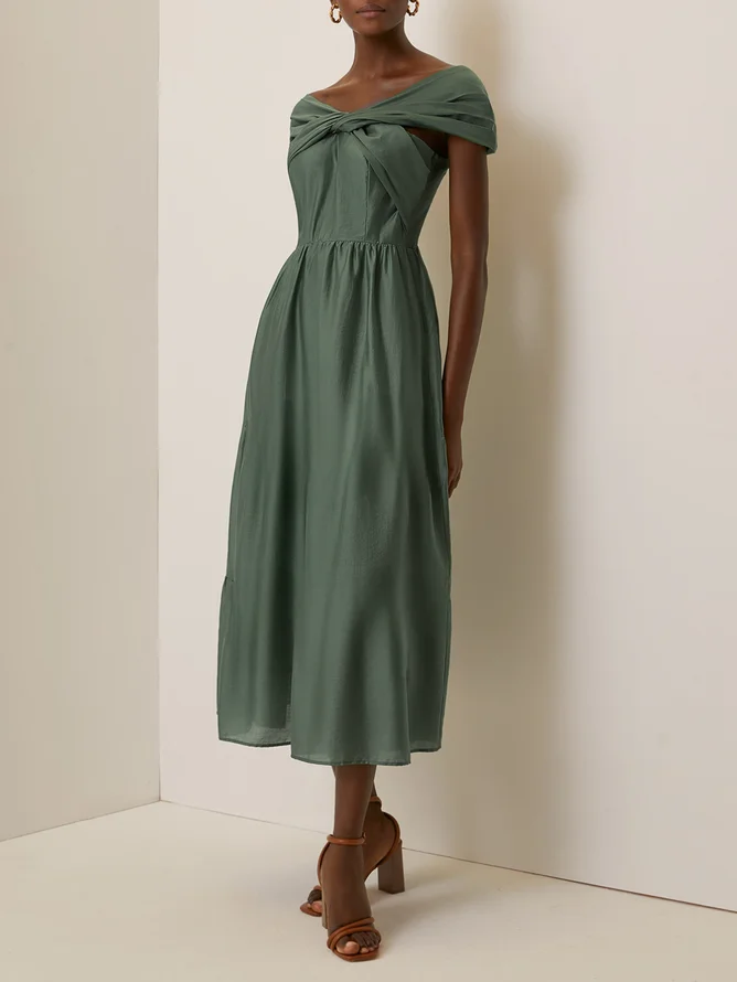 Green Lace Beaded Spaghetti Sleeveless A-Line Midi Dress