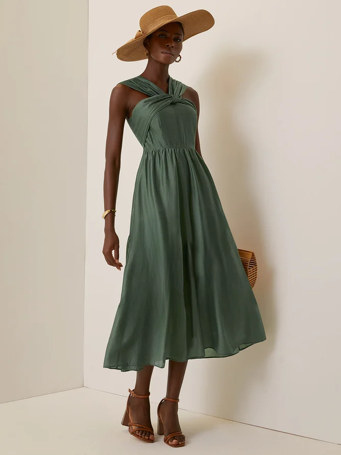 Green Lace Beaded Spaghetti Sleeveless A-Line Midi Dress