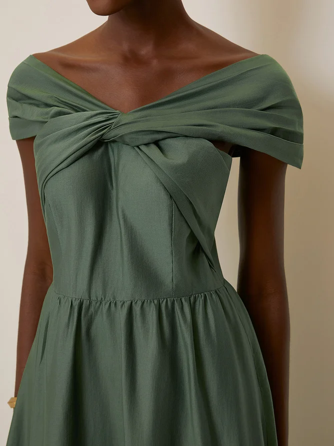 Green Lace Beaded Spaghetti Sleeveless A-Line Midi Dress