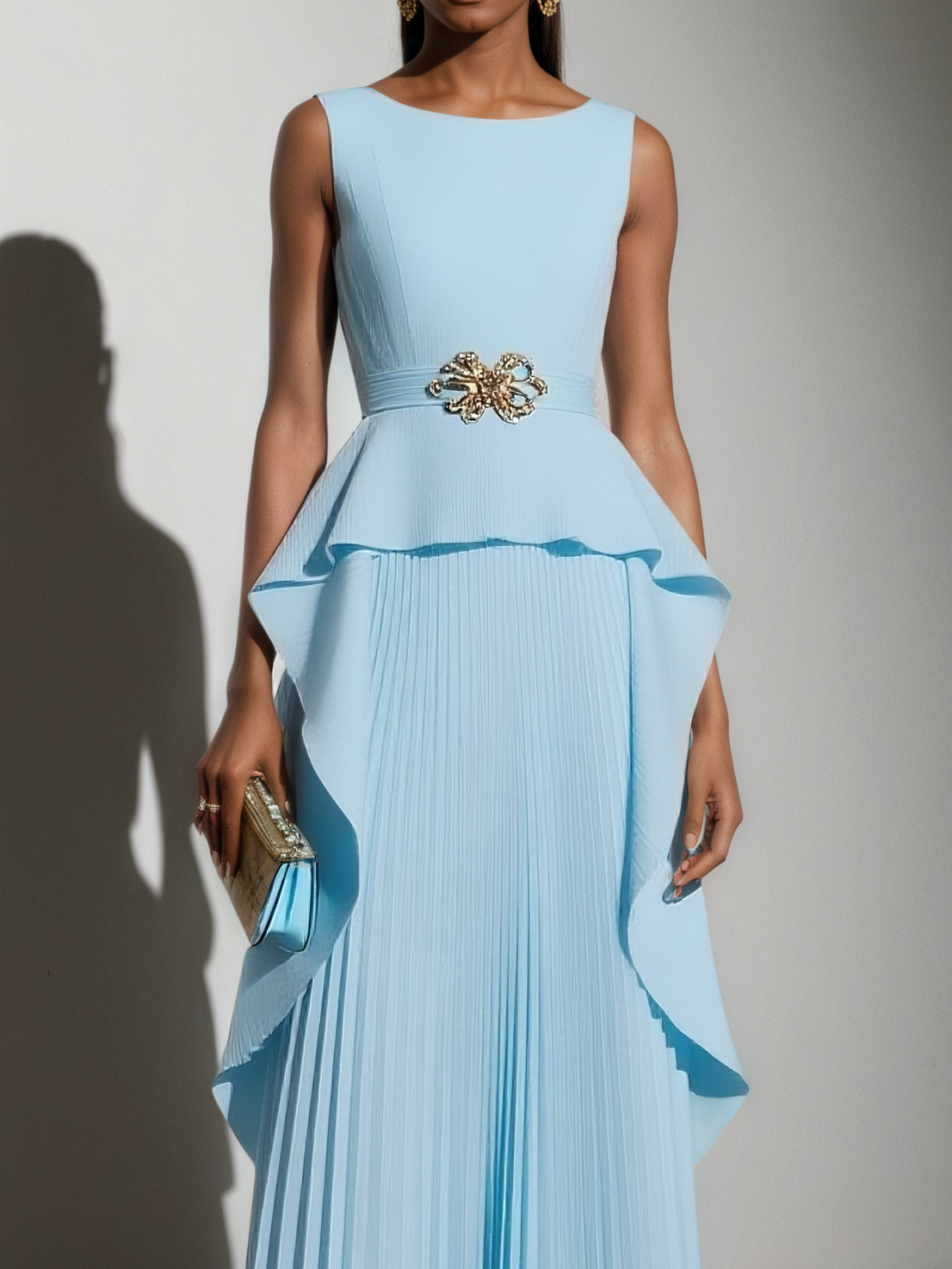 Light Blue Metal Pleated Classic Boat Neck Sleeveless A-Line Maxi Dress