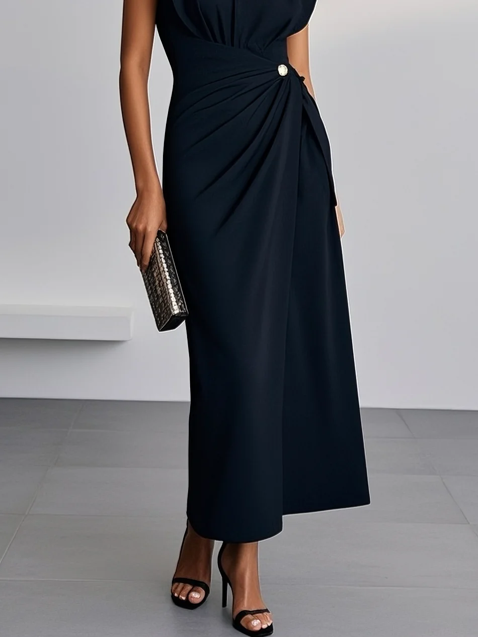 Black Buckle Ruched Cotton Crew Neck Cap Sleeve Sheath Midi Dress