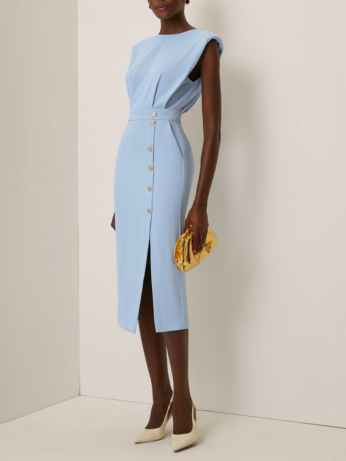 Light Blue Buckle Classic Crew Neck Sleeveless Sheath Midi Dress
