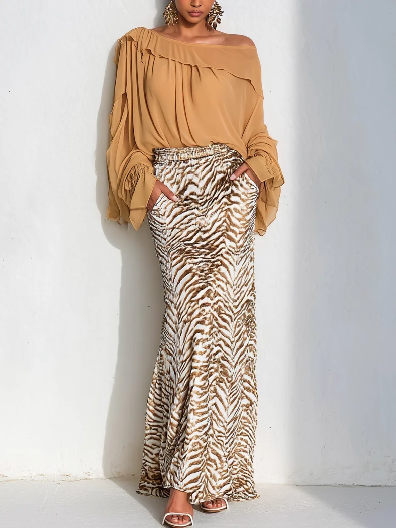 Women Camel Peplum Ruched Cold Shoulder Long Sleeve Dressy Top With Skirt Two-Piece Set
